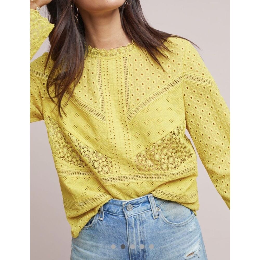James Coviello Anthropologie Burnham Boho Lace Long Sleeve Top-Gold Yellow-Sz XS